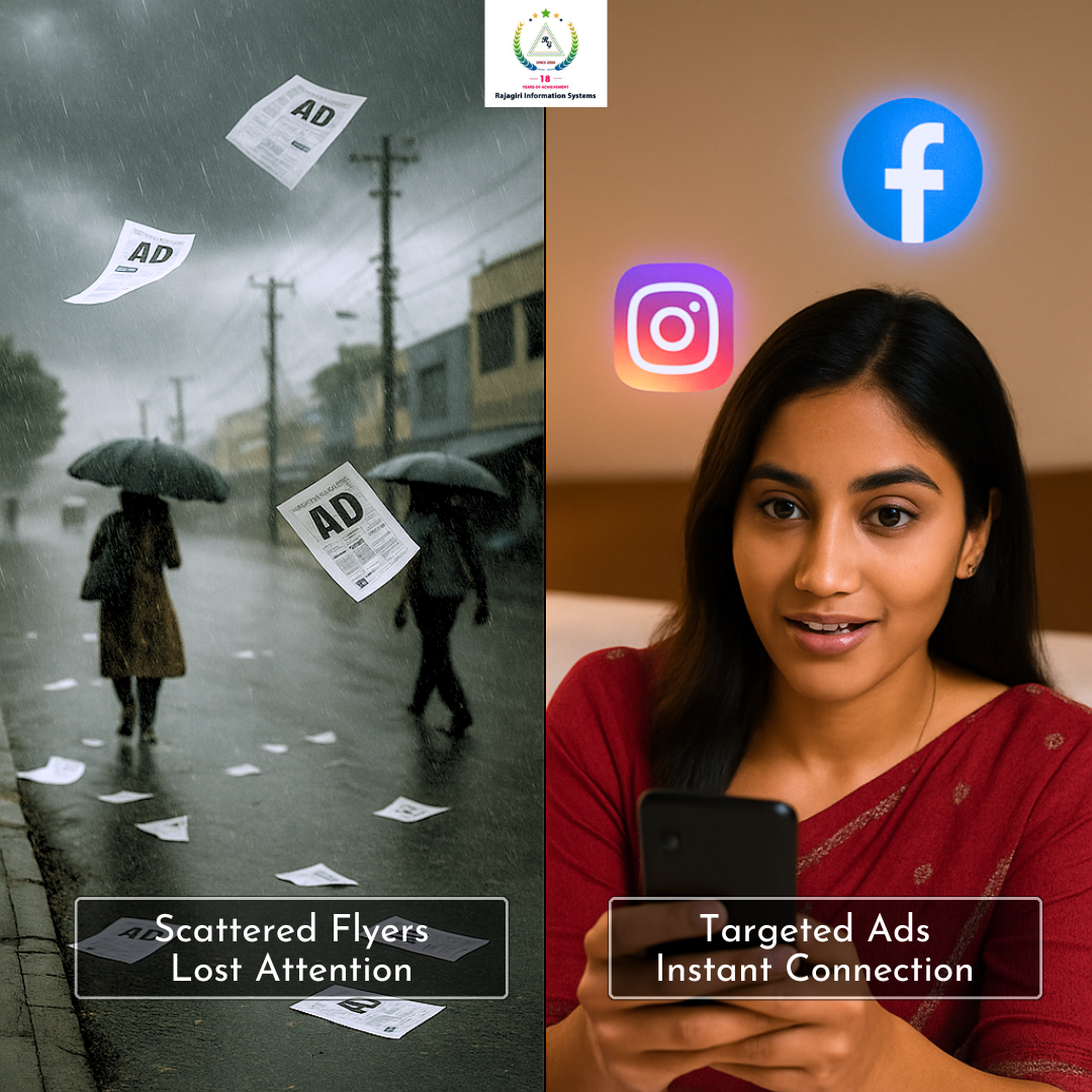 Split scene: left side shows flyers blowing away in a storm with no one catching them. Right side shows A women catches the ad through Facebook and Instagram. this shows Targeted Ads Gives instant Connection and Attention