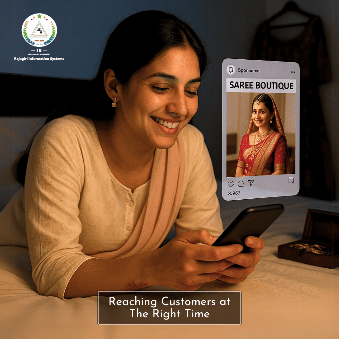Mobile screen showing an Instagram ad of a saree boutique. Below, a bride scrolling on her bed at night, smiling. Background shows likes and shares floating like reactions.