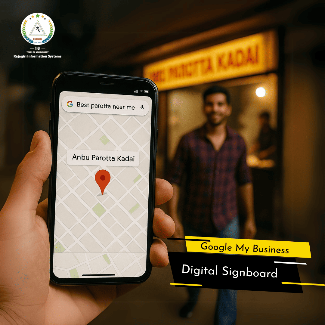 Google Maps on a phone with a parotta shop pinned. A happy customer walking toward the location with a search query: “Best parotta near me.”