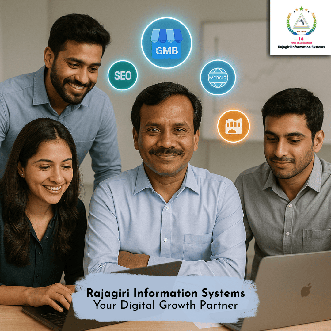 A Tamil business owner working with a digital team (laptop, charts, SEO tools). Show icons for Facebook, SEO, GMB, Website, Analytics around them like superpowers.