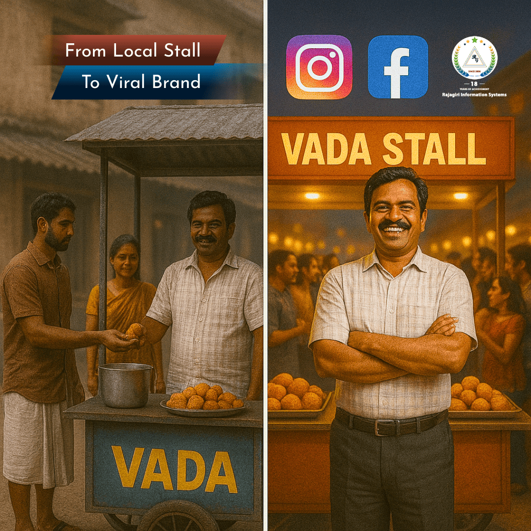 Split screen — Left: a dull, empty store. Right: the same store buzzing with customers, online orders coming in, and phones buzzing with notifications.