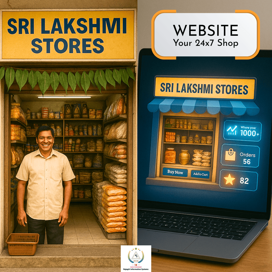 small shop turning into a glowing online website on a laptop screen. Text on screen: “Your 24x7 Digital Shop.” Show a happy business owner receiving orders online.