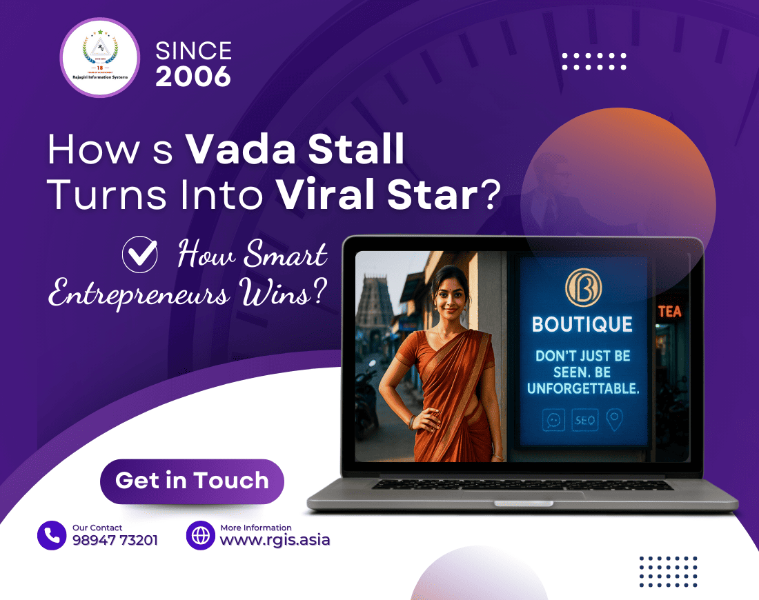A promotional graphic showing a laptop with an image of a woman and a boutique ad, featuring contact information and text about entrepreneurs and viral success.